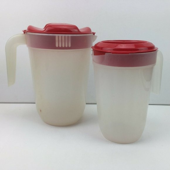 Pitchers 1 Gallon & 2 Liters Set Clear Red Lids Nesting Kitchen